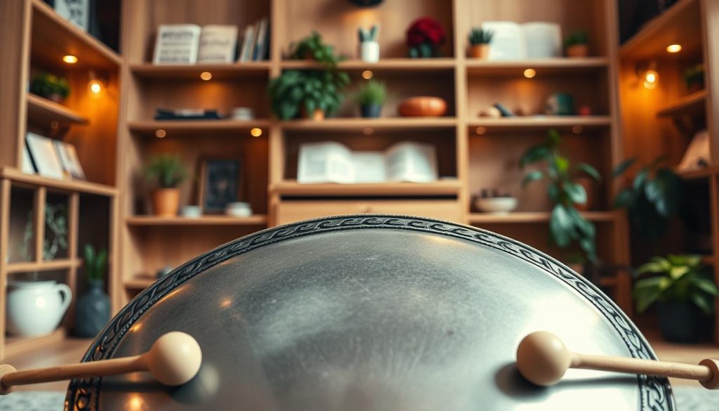 A beautifully crafted steel tongue drum sits prominently in the foreground, its polished surface reflecting soft light, revealing intricate carvings around its edges. The drum is surrounded by mallets, each artistically positioned, hinting at the gentle hands that will play it. In the middle ground, a serene indoor setting features natural wood elements—shelves filled with musical scores and plants providing life to the scene. The background is softly blurred, showcasing warm, ambient lighting that evokes a calming atmosphere, creating a sense of tranquility ideal for learning. The composition captures a spirit of creativity and exploration, encouraging the viewer to imagine a harmonious musical journey ahead. The angle is slightly above the drum, inviting the viewer into the scene without any distractions, ensuring a focused and inviting representation of the tongue drum. A beautifully crafted steel tongue drum sits prominently in the foreground, its polished surface reflecting soft light, revealing intricate carvings around its edges. The drum is surrounded by mallets, each artistically positioned, hinting at the gentle hands that will play it. In the middle ground, a serene indoor setting features natural wood elements—shelves filled with musical scores and plants providing life to the scene. The background is softly blurred, showcasing warm, ambient lighting that evokes a calming atmosphere, creating a sense of tranquility ideal for learning. The composition captures a spirit of creativity and exploration, encouraging the viewer to imagine a harmonious musical journey ahead. The angle is slightly above the drum, inviting the viewer into the scene without any distractions, ensuring a focused and inviting representation of the tongue drum.