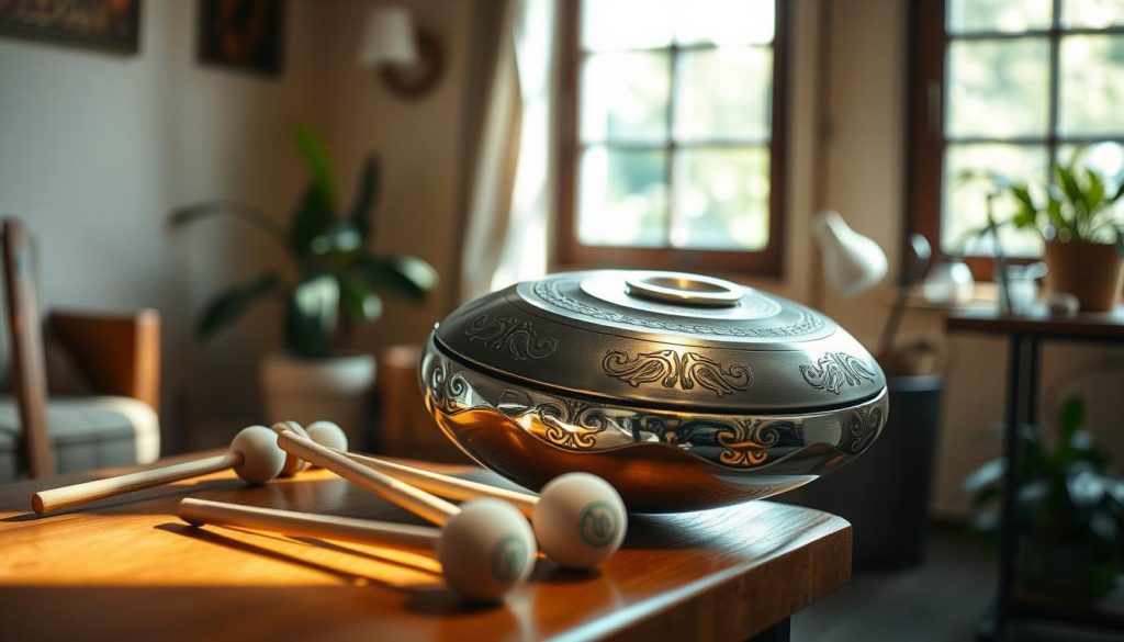 A beautifully crafted steel tongue drum with a polished metallic surface, showcasing intricate designs etched into its body. The foreground features the drum placed elegantly on a simple wooden table, surrounded by delicate mallets with soft rubber tips. In the middle ground, soft natural light filters through a nearby window, creating gentle reflections and highlights on the drum's surface. The background reveals a warm, inviting room with hints of greenery visible through the window, enhancing the peaceful atmosphere. The mood conveys a sense of tranquility and harmony, inviting viewers to explore the world of music and sound. The entire scene is captured with a shallow depth of field, emphasizing the drum as the focal point while softly blurring the surroundings. A beautifully crafted steel tongue drum with a polished metallic surface, showcasing intricate designs etched into its body. The foreground features the drum placed elegantly on a simple wooden table, surrounded by delicate mallets with soft rubber tips. In the middle ground, soft natural light filters through a nearby window, creating gentle reflections and highlights on the drum's surface. The background reveals a warm, inviting room with hints of greenery visible through the window, enhancing the peaceful atmosphere. The mood conveys a sense of tranquility and harmony, inviting viewers to explore the world of music and sound. The entire scene is captured with a shallow depth of field, emphasizing the drum as the focal point while softly blurring the surroundings.
