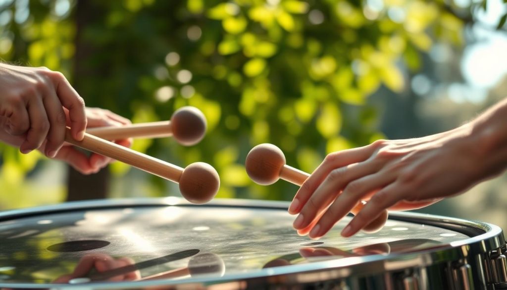 A close-up shot of hands gracefully playing a steel tongue drum, emphasizing the technique of using mallets versus fingers. The hands are skillfully poised in a way that highlights the interplay of different percussion methods. The drum, made of polished steel, reflects light with subtle glimmers, showcasing its intricate design. Set against a softly blurred background of a serene outdoor environment, the sunlight filters through leaves, casting gentle dapples of light. The atmosphere conveys a sense of calm and focus, inviting viewers to appreciate the art of percussion. The image captures the essence of mastering the steel tongue drum, with attention to detail and technique, framed by a warm, inviting light. A close-up shot of hands gracefully playing a steel tongue drum, emphasizing the technique of using mallets versus fingers. The hands are skillfully poised in a way that highlights the interplay of different percussion methods. The drum, made of polished steel, reflects light with subtle glimmers, showcasing its intricate design. Set against a softly blurred background of a serene outdoor environment, the sunlight filters through leaves, casting gentle dapples of light. The atmosphere conveys a sense of calm and focus, inviting viewers to appreciate the art of percussion. The image captures the essence of mastering the steel tongue drum, with attention to detail and technique, framed by a warm, inviting light.