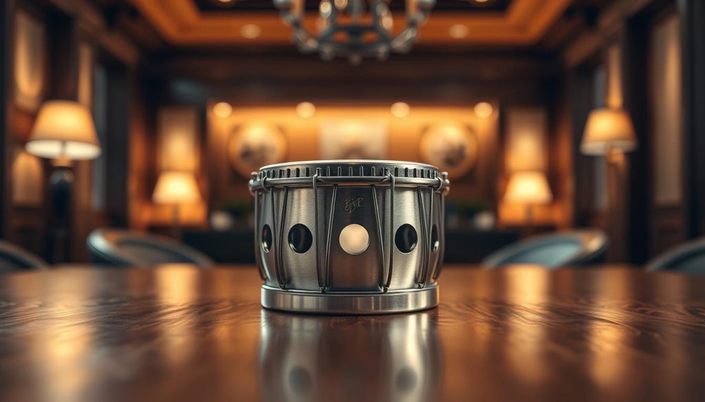 A close-up view of a mini tongue drum made of steel, measuring approximately 3.76 mm in thickness, displayed in a well-lit, elegant environment. The foreground features the drum centered on a polished wooden table, showcasing its unique design and craftsmanship. In the middle ground, soft shadows create depth, enhancing the metallic surface and reflecting subtle highlights. The background is softly blurred with warm ambient lighting that evokes a tranquil, inviting atmosphere, suitable for a musical setting. Capture the intricate details of the drum, such as its tonal openings and surface texture, with a shallow depth of field to focus on this unique instrument, conveying both sophistication and usability. A close-up view of a mini tongue drum made of steel, measuring approximately 3.76 mm in thickness, displayed in a well-lit, elegant environment. The foreground features the drum centered on a polished wooden table, showcasing its unique design and craftsmanship. In the middle ground, soft shadows create depth, enhancing the metallic surface and reflecting subtle highlights. The background is softly blurred with warm ambient lighting that evokes a tranquil, inviting atmosphere, suitable for a musical setting. Capture the intricate details of the drum, such as its tonal openings and surface texture, with a shallow depth of field to focus on this unique instrument, conveying both sophistication and usability.