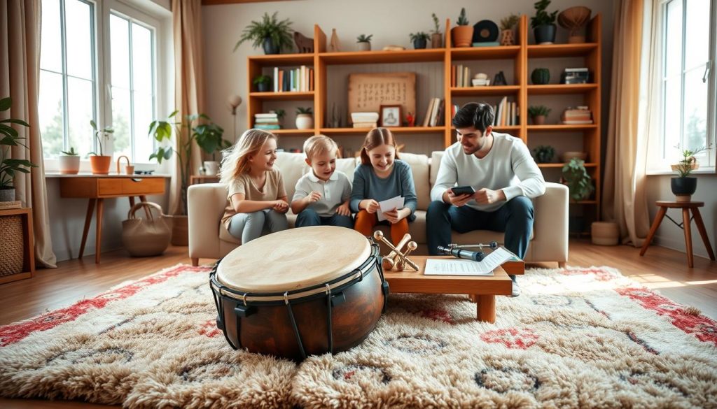 A cozy family living room filled with warm, natural light streaming through a large window. In the foreground, a tongue drum sits prominently on a plush, colorful rug. Surrounding the drum, a family of four—parents and two children—engage in a fun and relaxed musical activity. The children, dressed in modest casual clothing, playfully tap on the drum while smiling at each other. The middle ground features a low wooden coffee table scattered with simple musical sheets and instruments. In the background, shelves filled with books and plants add richness to the scene. The overall mood is joyful and inviting, emphasizing togetherness and the joy of making music as a family, captured with a soft focus lens and bright, cheerful lighting.