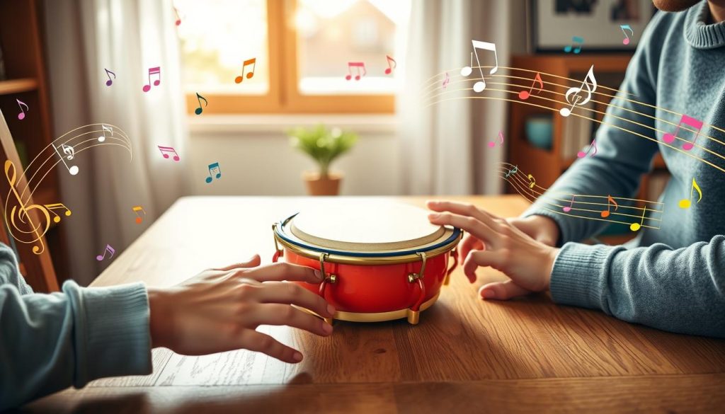 A cozy family setting featuring a colorful tongue drum at the center of a wooden table. In the foreground, a pair of hands, one adult and one child, are gently tapping the drum, creating a sense of connection and rhythm. Soft natural light streams in from a window in the background, casting a warm glow on the scene. Surrounding the table are vibrant music notes and rhythmic patterns swirling in the air, visually representing basic rhythms and musical notes suitable for beginners. The atmosphere is cheerful and inviting, promoting a sense of joy and togetherness in learning music. The overall composition should feel harmonious and uplifting, reflecting the fun of musical activities shared within a family context.