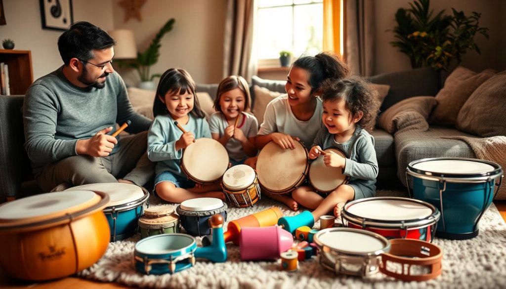 A cozy living room setting with a family gathered around a selection of percussion instruments, including tongue drums of various sizes and colors, djembe, and small tambourines. In the foreground, show two children playing the tongue drum, smiling and engaged, while a parent observes with a supportive expression. The middle ground features an assortment of vibrant percussion instruments displayed on a soft rug. In the background, warm natural light filters through a window, casting gentle shadows and enhancing the inviting atmosphere. The scene should convey a sense of joy and togetherness, emphasizing the fun and simplicity of music-making at home. Soft, balanced lighting highlights the textures of the instruments, with a focus on the family's interaction.