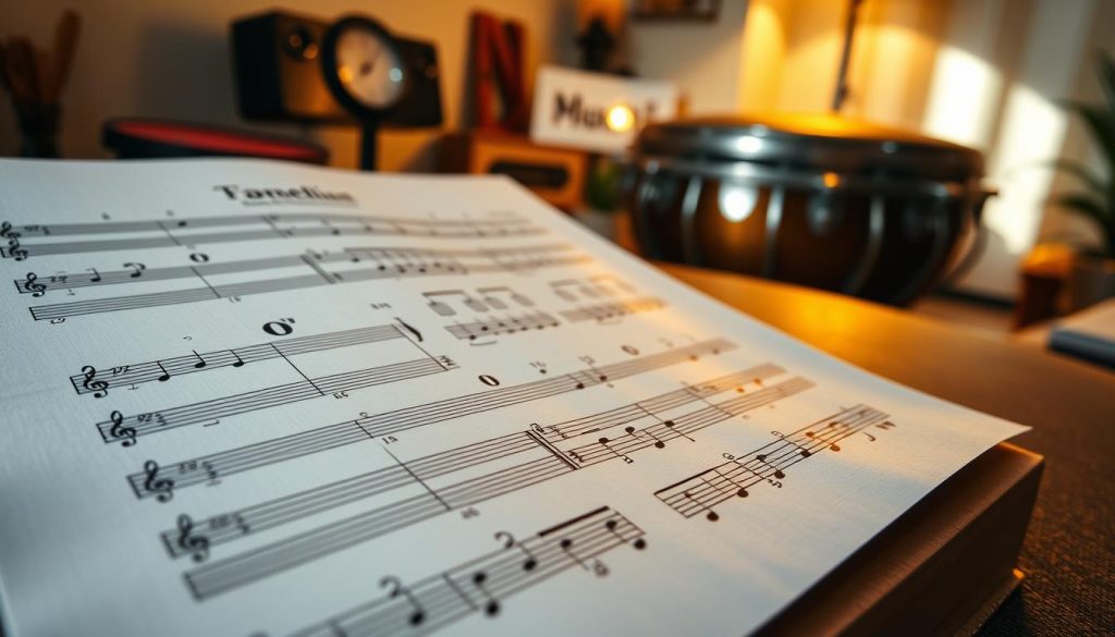A neatly arranged sheet of music displaying various notations for steel tongue drums, focusing on large, clear numbers that represent musical notes. In the foreground, emphasize the sheet music with prominent “0” markings alongside simple melodies, allowing for easy reading. The middle ground features a softly lit steel tongue drum, showcasing its unique texture and curves. In the background, a cozy practice space decorated with subtle musical elements like a metronome and music stand, bathed in warm, inviting light. The atmosphere should convey a sense of calm and focus, symbolizing the beginner's journey into music. Use a close-up angle to highlight the details of the sheet music and drum, with natural, soft shadows enhancing the composition. A neatly arranged sheet of music displaying various notations for steel tongue drums, focusing on large, clear numbers that represent musical notes. In the foreground, emphasize the sheet music with prominent “0” markings alongside simple melodies, allowing for easy reading. The middle ground features a softly lit steel tongue drum, showcasing its unique texture and curves. In the background, a cozy practice space decorated with subtle musical elements like a metronome and music stand, bathed in warm, inviting light. The atmosphere should convey a sense of calm and focus, symbolizing the beginner's journey into music. Use a close-up angle to highlight the details of the sheet music and drum, with natural, soft shadows enhancing the composition.