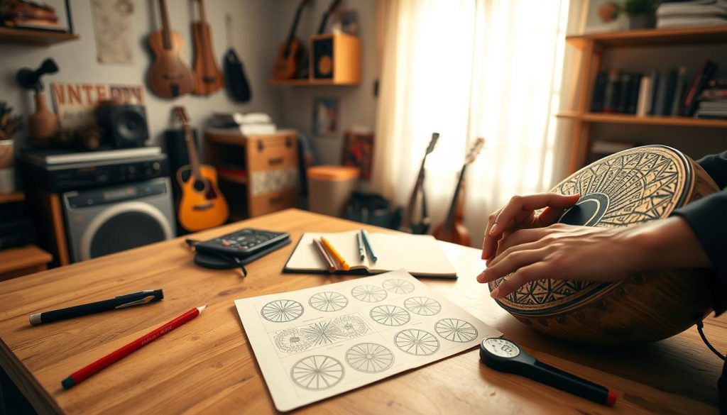 A serene, brightly lit workbench in a cozy studio, showcasing a beautifully crafted tongue drum at the foreground. The drum's surface is adorned with intricate geometric patterns that vibrate with resonance, being played gently by hands in professional business attire, fingers poised above the surface. In the middle ground, a notebook filled with hand-drawn pattern designs lies open, accompanied by colored pencils and a metronome for rhythm inspiration. The background features soft, ambient lighting coming through a window adorned with light curtains, illuminating shelves filled with musical instruments and art supplies. The atmosphere is calm and creative, inviting viewers to explore the art of creating unique tongue drum patterns. The angle is slightly elevated to capture the details of the drum and workspace harmoniously. A serene, brightly lit workbench in a cozy studio, showcasing a beautifully crafted tongue drum at the foreground. The drum's surface is adorned with intricate geometric patterns that vibrate with resonance, being played gently by hands in professional business attire, fingers poised above the surface. In the middle ground, a notebook filled with hand-drawn pattern designs lies open, accompanied by colored pencils and a metronome for rhythm inspiration. The background features soft, ambient lighting coming through a window adorned with light curtains, illuminating shelves filled with musical instruments and art supplies. The atmosphere is calm and creative, inviting viewers to explore the art of creating unique tongue drum patterns. The angle is slightly elevated to capture the details of the drum and workspace harmoniously.