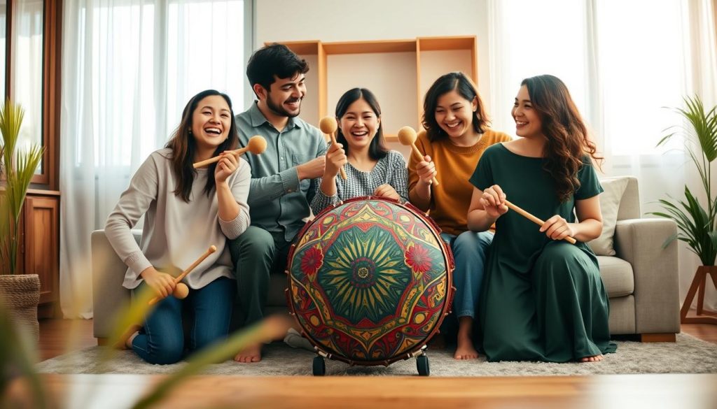 A serene family scene showcasing "techniques mains maillets" as they engage in playing a tongue drum together. In the foreground, a diverse group of three family members, dressed in casual yet tidy clothing, enthusiastically striking the colorful tongue drum with soft mallets. Each person exhibits a sense of joy and focus, demonstrating different playing techniques. In the middle ground, the tongue drum — a beautifully crafted instrument with vibrant colors and intricate patterns — is the focal point, surrounded by a cozy living room setting with warm wooden accents and soft lighting. The background features a large window letting in natural light, enhancing the inviting atmosphere. The scene conveys a harmonious and joyful mood, perfect for family music activities.