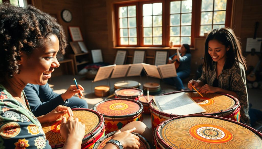 A serene workshop setting featuring a diverse group of three individuals engaged in a hands-on 'tongue drum' pattern creation session. In the foreground, close-up views showcase their focused expressions and hands skillfully creating musical patterns on brightly colored tongue drums made from metal. The middle ground reveals several tongue drums of varying sizes and intricate artistic patterns, surrounded by music sheets and instruments for inspiration. In the background, warm daylight filters through large windows, casting soft shadows and creating a cozy atmosphere. The lighting should be natural, enhancing the richness of the colors. Capture a collaborative and creative mood, emphasizing engagement and joy in the process of learning and crafting unique music patterns. A serene workshop setting featuring a diverse group of three individuals engaged in a hands-on 'tongue drum' pattern creation session. In the foreground, close-up views showcase their focused expressions and hands skillfully creating musical patterns on brightly colored tongue drums made from metal. The middle ground reveals several tongue drums of varying sizes and intricate artistic patterns, surrounded by music sheets and instruments for inspiration. In the background, warm daylight filters through large windows, casting soft shadows and creating a cozy atmosphere. The lighting should be natural, enhancing the richness of the colors. Capture a collaborative and creative mood, emphasizing engagement and joy in the process of learning and crafting unique music patterns.