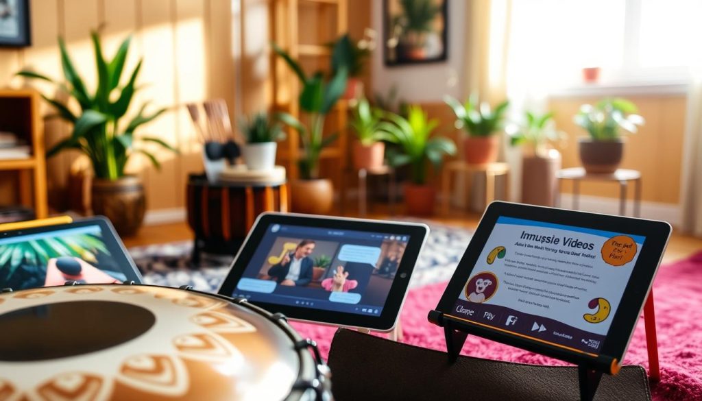 A vibrant and engaging scene showcasing a beginner-friendly steel tongue drum setup. In the foreground, a beautifully crafted steel tongue drum glistens under soft, diffused lighting, revealing its intricate designs. Next to it, colorful resources such as an immersive video playing on a tablet and a playful e-book on a nearby stand are clearly visible. In the middle ground, a cozy, inviting room filled with warm wooden tones and a few potted plants creates a peaceful atmosphere. In the background, soft, blurred hints of musical notes float in the air, emphasizing a sense of harmony and learning. The angle captures the inviting essence of the space, with natural sunlight filtering through a window, casting gentle shadows and enhancing the inviting mood. A vibrant and engaging scene showcasing a beginner-friendly steel tongue drum setup. In the foreground, a beautifully crafted steel tongue drum glistens under soft, diffused lighting, revealing its intricate designs. Next to it, colorful resources such as an immersive video playing on a tablet and a playful e-book on a nearby stand are clearly visible. In the middle ground, a cozy, inviting room filled with warm wooden tones and a few potted plants creates a peaceful atmosphere. In the background, soft, blurred hints of musical notes float in the air, emphasizing a sense of harmony and learning. The angle captures the inviting essence of the space, with natural sunlight filtering through a window, casting gentle shadows and enhancing the inviting mood.