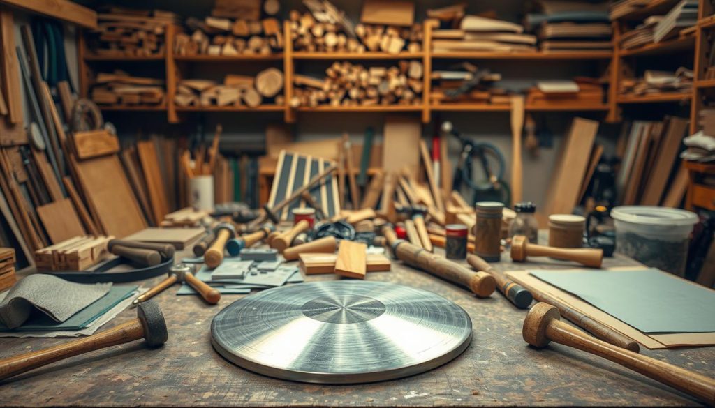 A well-organized workshop scene dedicated to crafting a tongue drum, showcasing various materials like soft metal sheets, wood pieces, and tools such as hammers, mallets, and tuners scattered on a workbench. In the foreground, focus on the metallic tongue drum partially assembled, glinting under warm, soft lighting that creates a cozy atmosphere. In the middle ground, display an array of woodworking and tuning tools, highlighting their craftsmanship. The background features shelves filled with wood and metal supplies, adding depth and context. The room should be warmly lit, evoking a sense of creativity and safety. Capture the image from a slightly elevated angle, providing a comprehensive view of the workspace and its materials. A well-organized workshop scene dedicated to crafting a tongue drum, showcasing various materials like soft metal sheets, wood pieces, and tools such as hammers, mallets, and tuners scattered on a workbench. In the foreground, focus on the metallic tongue drum partially assembled, glinting under warm, soft lighting that creates a cozy atmosphere. In the middle ground, display an array of woodworking and tuning tools, highlighting their craftsmanship. The background features shelves filled with wood and metal supplies, adding depth and context. The room should be warmly lit, evoking a sense of creativity and safety. Capture the image from a slightly elevated angle, providing a comprehensive view of the workspace and its materials.