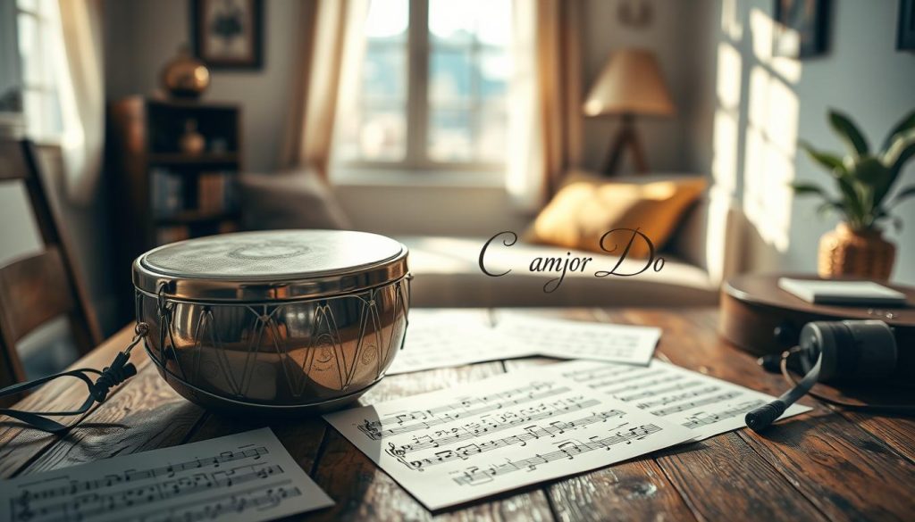 A beautifully arranged scene depicting a tongue drum placed on a rustic wooden table, surrounded by sheet music displaying the "C Major Scale" (Gamme en Do majeur) in elegant calligraphy. In the foreground, the drum is gleaming under soft, warm lighting, showcasing its metallic tones with intricate designs. In the middle, blurred notes are scattered around, inviting a sense of harmony and musical exploration. The background features a cozy room with soft, diffused sunlight filtering through a window, casting gentle shadows and creating an inviting atmosphere. The overall mood is tranquil and inspirational, capturing the essence of music and creativity. The image focuses solely on the instruments and their surroundings, evoking a sense of understanding and appreciation for the art of music.