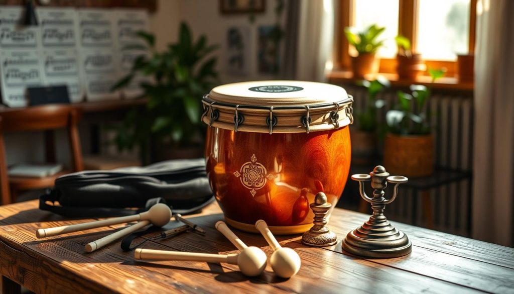 A beautifully arranged tongue drum set on a rustic wooden table, showcasing various accessories neatly displayed alongside it. In the foreground, highlight a set of mallets, a protective carrying case, and decorative resonance stands. The middle layer features the tongue drum itself, its vibrant colors reflecting sunlight, with intricate patterns on its surface. In the background, softly blurred, display a cozy room with music sheets and plants to evoke a serene atmosphere. Natural light streams in through a window, creating a warm and inviting glow. The overall mood is calm and artistic, perfect for illustrating accessories that enhance the tongue drum experience without being essential. Use a wide-angle lens to capture depth and detail, ensuring a harmonious composition. A beautifully arranged tongue drum set on a rustic wooden table, showcasing various accessories neatly displayed alongside it. In the foreground, highlight a set of mallets, a protective carrying case, and decorative resonance stands. The middle layer features the tongue drum itself, its vibrant colors reflecting sunlight, with intricate patterns on its surface. In the background, softly blurred, display a cozy room with music sheets and plants to evoke a serene atmosphere. Natural light streams in through a window, creating a warm and inviting glow. The overall mood is calm and artistic, perfect for illustrating accessories that enhance the tongue drum experience without being essential. Use a wide-angle lens to capture depth and detail, ensuring a harmonious composition.