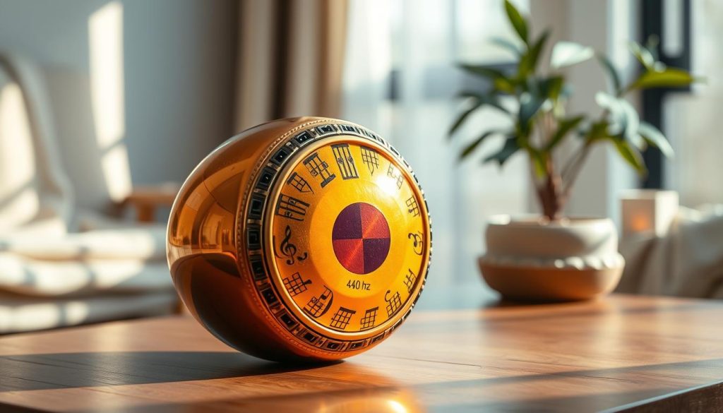 A beautifully crafted 440 Hz tongue drum sits elegantly on a wooden table, showcasing its unique shape and vibrant colors. The drum, made of high-quality metal, reflects warm golden and earthy tones, with delicately carved notes around its perimeter. In the foreground, soft natural light illuminates the instrument, highlighting its exquisite craftsmanship and inviting texture. The middle ground features a serene indoor setting, with a subtle backdrop of soft natural fabrics, giving a cozy atmosphere, ideal for meditation or relaxation. A gently blurred plant can be seen in the background, adding a touch of life. The overall mood is tranquil and inviting, perfect for a musical experience, emphasizing the importance of sound frequencies in music. A beautifully crafted 440 Hz tongue drum sits elegantly on a wooden table, showcasing its unique shape and vibrant colors. The drum, made of high-quality metal, reflects warm golden and earthy tones, with delicately carved notes around its perimeter. In the foreground, soft natural light illuminates the instrument, highlighting its exquisite craftsmanship and inviting texture. The middle ground features a serene indoor setting, with a subtle backdrop of soft natural fabrics, giving a cozy atmosphere, ideal for meditation or relaxation. A gently blurred plant can be seen in the background, adding a touch of life. The overall mood is tranquil and inviting, perfect for a musical experience, emphasizing the importance of sound frequencies in music.