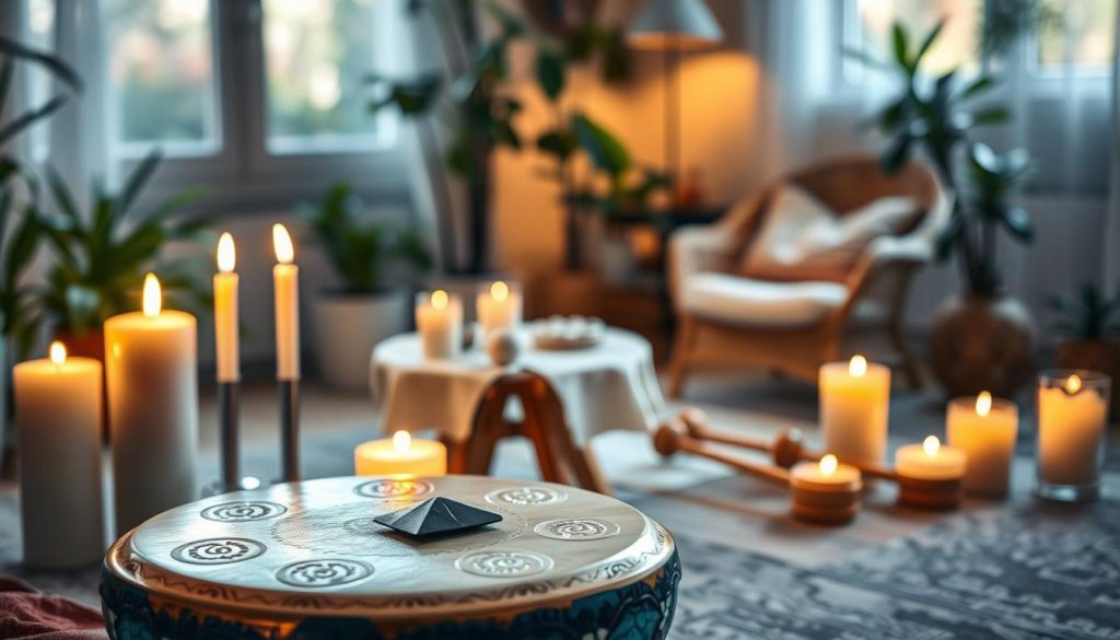 A beautifully crafted tongue drum, displaying its calming hues of turquoise and deep blue, is placed in the foreground, showcasing intricate hand-carved designs. The drum is surrounded by softly glowing candles, casting warm, inviting light that enhances the tranquil ambiance. In the middle ground, a serene setting features a small wooden table adorned with a delicate cloth, where several mallets rest, ready to be used. In the background, a softly blurred room filled with plants and a cozy corner chair creates an atmosphere of relaxation. The scene is bathed in gentle natural light streaming through a nearby window, emphasizing the soothing qualities of the tongue drum. The overall mood is peaceful and inviting, encapsulating the essence of evening relaxation rituals. A beautifully crafted tongue drum, displaying its calming hues of turquoise and deep blue, is placed in the foreground, showcasing intricate hand-carved designs. The drum is surrounded by softly glowing candles, casting warm, inviting light that enhances the tranquil ambiance. In the middle ground, a serene setting features a small wooden table adorned with a delicate cloth, where several mallets rest, ready to be used. In the background, a softly blurred room filled with plants and a cozy corner chair creates an atmosphere of relaxation. The scene is bathed in gentle natural light streaming through a nearby window, emphasizing the soothing qualities of the tongue drum. The overall mood is peaceful and inviting, encapsulating the essence of evening relaxation rituals.