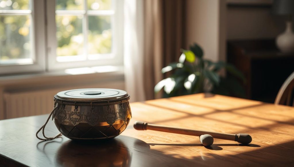 A beautifully crafted tongue drum, featuring an array of iridescent tones and intricate engravings across its metal surface, rests in a serene, softly lit room. In the foreground, the drum is positioned prominently on a polished wooden table, with a pair of mallets lying beside it. The mid-ground softly blurs into a backdrop of natural greenery from a nearby window, allowing gentle sunlight to filter in, casting dappled shadows on the table. The angle is slightly above eye level, focusing on the exquisite details of the drum's design, inviting viewers to appreciate its craftsmanship. The overall mood is tranquil and contemplative, evoking a sense of harmony and mindfulness associated with music. A beautifully crafted tongue drum, featuring an array of iridescent tones and intricate engravings across its metal surface, rests in a serene, softly lit room. In the foreground, the drum is positioned prominently on a polished wooden table, with a pair of mallets lying beside it. The mid-ground softly blurs into a backdrop of natural greenery from a nearby window, allowing gentle sunlight to filter in, casting dappled shadows on the table. The angle is slightly above eye level, focusing on the exquisite details of the drum's design, inviting viewers to appreciate its craftsmanship. The overall mood is tranquil and contemplative, evoking a sense of harmony and mindfulness associated with music.