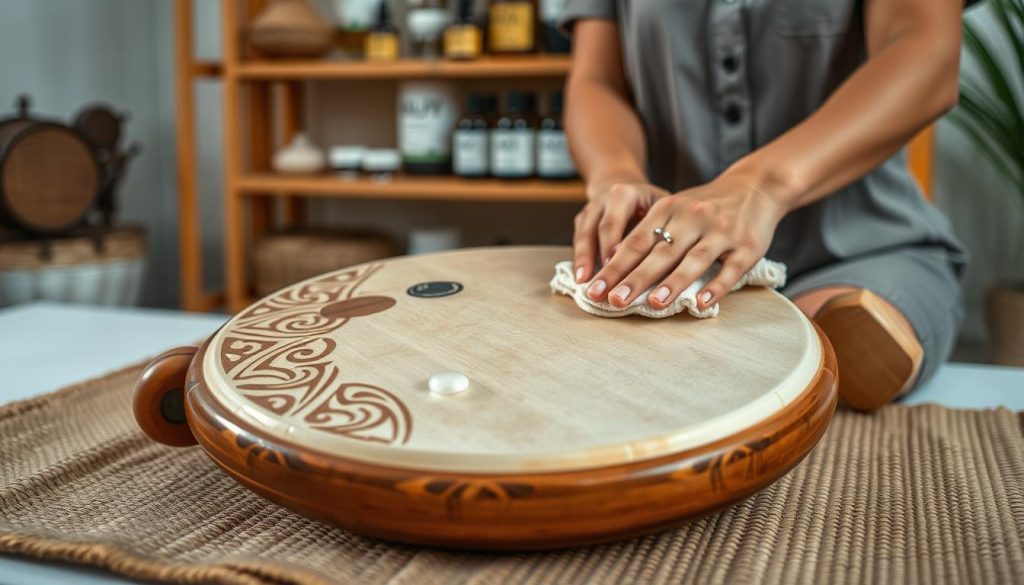A beautifully crafted tongue drum, intricately designed with carved patterns, resting on a soft, natural-fiber mat. In the foreground, glistening drops of water can be seen on the drum, symbolizing its need for moisture during maintenance. In the middle ground, a pair of hands, dressed in modest casual attire, gently polish the surface of the drum with a soft cloth, showcasing care and attention to detail. In the background, a well-organized shelf displays various care products for tongue drums, like oil and cloths, with soft, diffused lighting highlighting their textures. The atmosphere is serene and focused, evoking a sense of tranquility and mindfulness in preserving musical instruments for longevity. A beautifully crafted tongue drum, intricately designed with carved patterns, resting on a soft, natural-fiber mat. In the foreground, glistening drops of water can be seen on the drum, symbolizing its need for moisture during maintenance. In the middle ground, a pair of hands, dressed in modest casual attire, gently polish the surface of the drum with a soft cloth, showcasing care and attention to detail. In the background, a well-organized shelf displays various care products for tongue drums, like oil and cloths, with soft, diffused lighting highlighting their textures. The atmosphere is serene and focused, evoking a sense of tranquility and mindfulness in preserving musical instruments for longevity.