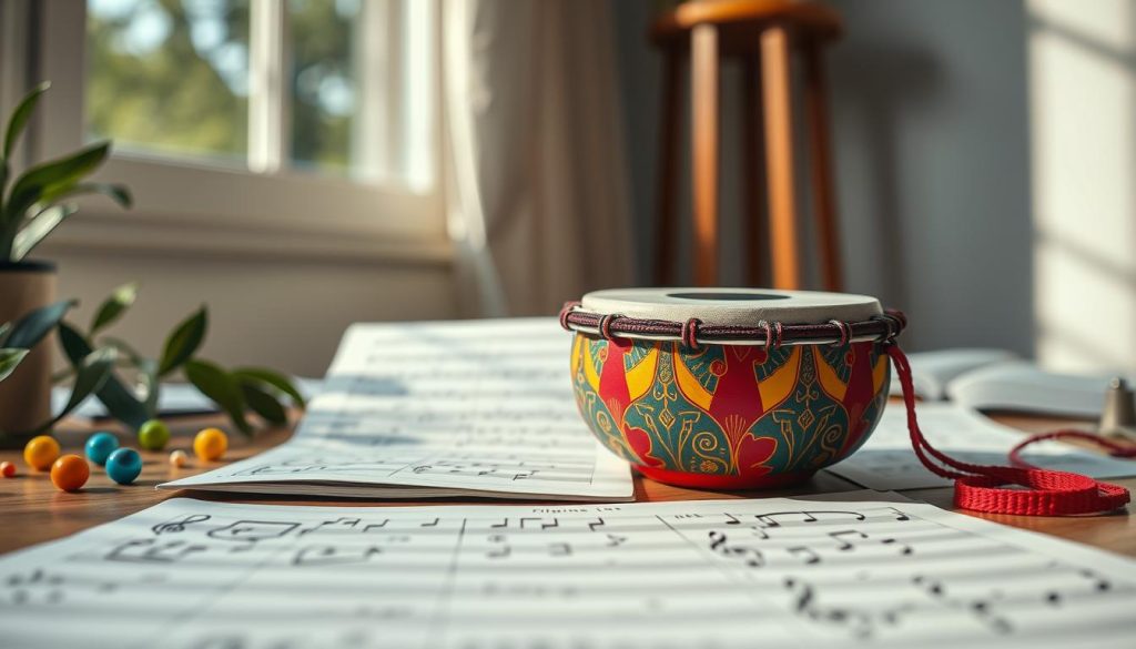 A close-up of a beautifully arranged tongue drum with colorful notation chiffres visually displayed around it. In the foreground, the tongue drum is vibrant, showcasing its unique shape and artistic patterns. The middle ground features sheet music elegantly laid out, displaying clearly readable numbers that symbolize notes for beginners. In the background, soft natural light filters through a nearby window, creating a warm and inviting atmosphere. The angle captures the essence of a cozy music space, harmonizing the visual elements of the drum and the sheet music. The overall mood is serene and encouraging, perfectly reflecting the idea of easy reading and learning for musicians.