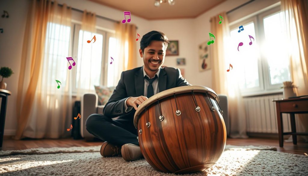 A cozy, warmly lit room featuring a beautifully crafted tongue drum made of polished wood in the foreground, surrounded by colorful musical notes gently floating in the air. In the middle ground, a well-dressed individual, wearing professional attire, sits comfortably on a soft rug, engaging playfully with the drum while smiling, embodying the joy of music. In the background, large windows allow soft golden sunlight to stream in through sheer curtains, illuminating the space. Wall decorations depict musical themes, creating an immersive atmosphere of creativity and harmony. The scene conveys a sense of warmth, learning, and connection, ideal for illustrating a methodical approach to accompanying a nursery rhyme with the tongue drum. The angle captures both the person and the drum, highlighting the interaction between them.