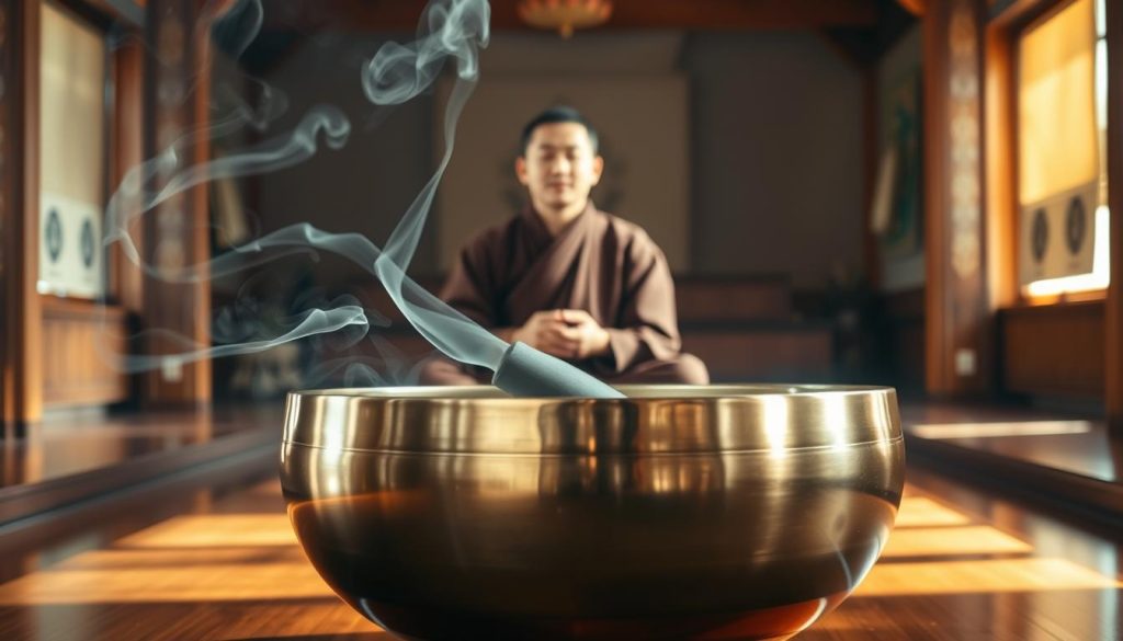 A serene Buddhist meditation scene, showcasing a Tibetan singing bowl prominently in the foreground, polished and intricate, reflecting soft natural light. In the middle, a calm monk in modest, traditional attire sits cross-legged, gently playing the bowl, eyes closed in deep concentration. Around the monk, subtle hints of incense smoke curl gracefully, creating a tranquil atmosphere. The background features a softly lit, minimalist temple interior with warm wooden elements and delicate, faded tapestries that evoke a sense of history and spirituality. The overall mood is peaceful and contemplative, with an inviting glow that suggests stillness and mindfulness, captured with a soft focus lens effect to enhance the serenity of the scene. A serene Buddhist meditation scene, showcasing a Tibetan singing bowl prominently in the foreground, polished and intricate, reflecting soft natural light. In the middle, a calm monk in modest, traditional attire sits cross-legged, gently playing the bowl, eyes closed in deep concentration. Around the monk, subtle hints of incense smoke curl gracefully, creating a tranquil atmosphere. The background features a softly lit, minimalist temple interior with warm wooden elements and delicate, faded tapestries that evoke a sense of history and spirituality. The overall mood is peaceful and contemplative, with an inviting glow that suggests stillness and mindfulness, captured with a soft focus lens effect to enhance the serenity of the scene.