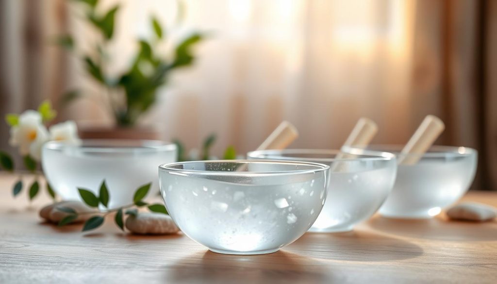 A serene and elegant composition featuring a set of translucent quartz singing bowls arranged gracefully on a natural wooden surface. Focus on the luminous crystal texture of the bowls, showcasing their unique shapes and varying sizes. In the foreground, delicate reflections of light dance across the bowls' surfaces, emphasizing their clarity and harmony. The middle ground includes soft, gentle foliage or natural elements like smooth stones that complement the bowls. The background reveals a softly blurred tranquil setting, evoking peace, perhaps a hint of sunlight filtering through soft curtains. Use soft, diffused lighting to create a warm, meditative atmosphere, capturing the essence of Tibetan culture and the transition from metal bowls to these exquisite crystal creations. A serene and elegant composition featuring a set of translucent quartz singing bowls arranged gracefully on a natural wooden surface. Focus on the luminous crystal texture of the bowls, showcasing their unique shapes and varying sizes. In the foreground, delicate reflections of light dance across the bowls' surfaces, emphasizing their clarity and harmony. The middle ground includes soft, gentle foliage or natural elements like smooth stones that complement the bowls. The background reveals a softly blurred tranquil setting, evoking peace, perhaps a hint of sunlight filtering through soft curtains. Use soft, diffused lighting to create a warm, meditative atmosphere, capturing the essence of Tibetan culture and the transition from metal bowls to these exquisite crystal creations.
