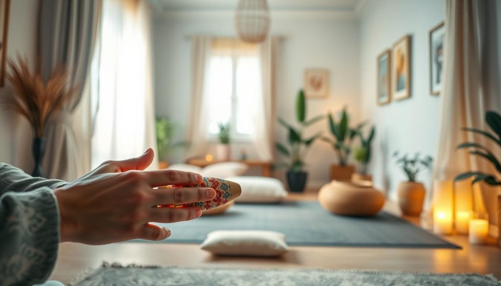 A serene indoor setting featuring a person gracefully playing a tongue drum. The foreground captures their hands skillfully striking the colorful notes of the drum, with soft, glowing light highlighting the intricate patterns and textures of the instrument. In the middle, the scene includes gentle, flowing curtains and a tranquil setup with cushions and a meditation mat, emphasizing an atmosphere of relaxation. The background reveals a softly lit room, adorned with plants and calming artwork. Warm, diffused light filters through a window, casting a soothing ambiance that conveys peace and mindfulness. The overall mood is tranquil and meditative, inviting viewers into a moment of calm and focus. A serene indoor setting featuring a person gracefully playing a tongue drum. The foreground captures their hands skillfully striking the colorful notes of the drum, with soft, glowing light highlighting the intricate patterns and textures of the instrument. In the middle, the scene includes gentle, flowing curtains and a tranquil setup with cushions and a meditation mat, emphasizing an atmosphere of relaxation. The background reveals a softly lit room, adorned with plants and calming artwork. Warm, diffused light filters through a window, casting a soothing ambiance that conveys peace and mindfulness. The overall mood is tranquil and meditative, inviting viewers into a moment of calm and focus.