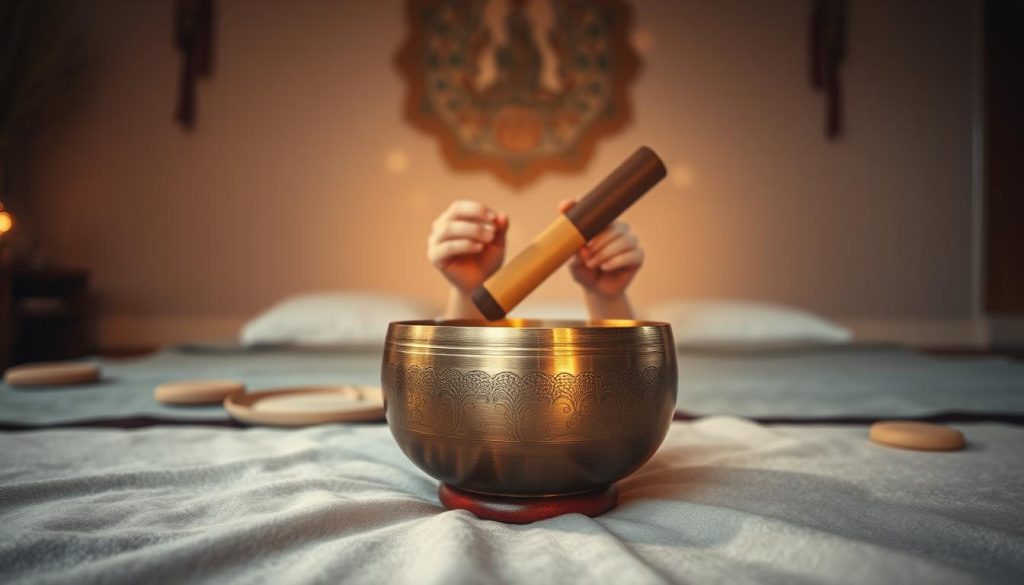 A serene interior space featuring a beautifully crafted Tibetan singing bowl placed on a soft, textured fabric. The foreground showcases the bowl, reflecting delicate light with intricate engravings visible on its surface. In the middle ground, a pair of hands gently strike the bowl with a mallet, creating visible sound waves that ripple through the air, represented by soft, glowing vibrations. The background includes muted, warm tones with subtle Tibetan motifs and soft, ambient lighting to evoke a calming atmosphere. The scene captures the essence of sound and vibration, emphasizing the harmonious energy produced by the bowl. The overall mood is peaceful and meditative, inviting viewers to connect with the practice of sound healing. A serene interior space featuring a beautifully crafted Tibetan singing bowl placed on a soft, textured fabric. The foreground showcases the bowl, reflecting delicate light with intricate engravings visible on its surface. In the middle ground, a pair of hands gently strike the bowl with a mallet, creating visible sound waves that ripple through the air, represented by soft, glowing vibrations. The background includes muted, warm tones with subtle Tibetan motifs and soft, ambient lighting to evoke a calming atmosphere. The scene captures the essence of sound and vibration, emphasizing the harmonious energy produced by the bowl. The overall mood is peaceful and meditative, inviting viewers to connect with the practice of sound healing.