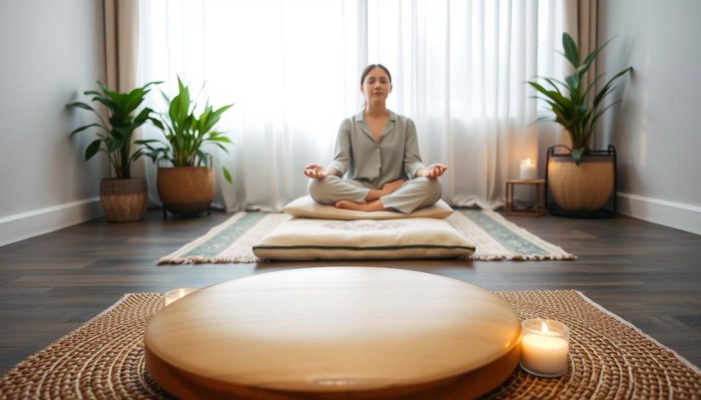 A serene meditation space is set up in a cozy, softly lit room. In the foreground, a beautifully crafted tongue drum made of polished wood rests on a woven mat, surrounded by delicate candles casting a warm glow. In the middle, an inviting cushion adorned with calming colors invites a person dressed in modest, comfortable attire to sit. Light filtering through sheer curtains in the background creates a tranquil atmosphere, complemented by potted plants that add a touch of nature. The overall mood is peaceful and calming, evoking a sense of mindfulness and relaxation, perfect for preparing both the space and mind for meditation. The scene captures a moment of stillness and serenity, inviting the viewer to imagine stepping into this calming environment. A serene meditation space is set up in a cozy, softly lit room. In the foreground, a beautifully crafted tongue drum made of polished wood rests on a woven mat, surrounded by delicate candles casting a warm glow. In the middle, an inviting cushion adorned with calming colors invites a person dressed in modest, comfortable attire to sit. Light filtering through sheer curtains in the background creates a tranquil atmosphere, complemented by potted plants that add a touch of nature. The overall mood is peaceful and calming, evoking a sense of mindfulness and relaxation, perfect for preparing both the space and mind for meditation. The scene captures a moment of stillness and serenity, inviting the viewer to imagine stepping into this calming environment.