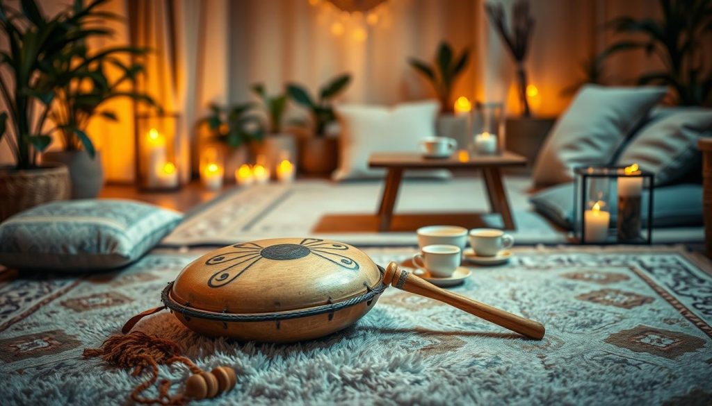 A serene scene depicting a routine tongue drum in an intimate indoor setting, illuminated by soft, warm candlelight. In the foreground, a beautifully crafted tongue drum with intricate designs rests on a plush, patterned rug. Surrounding the drum, a pair of wooden mallets lies gracefully. In the middle ground, a cozy seating area features cushions and a low wooden table adorned with soothing herbal tea in delicate cups. The background reveals a softly lit room with plants and gentle textures, creating a tranquil atmosphere. The perspective is slightly elevated, capturing the calming essence of evening rituals. The overall mood is peaceful and inviting, perfect for relaxation. The lighting should create subtle shadows, enhancing the warm, serene ambiance without any text, logos, or watermarks. A serene scene depicting a routine tongue drum in an intimate indoor setting, illuminated by soft, warm candlelight. In the foreground, a beautifully crafted tongue drum with intricate designs rests on a plush, patterned rug. Surrounding the drum, a pair of wooden mallets lies gracefully. In the middle ground, a cozy seating area features cushions and a low wooden table adorned with soothing herbal tea in delicate cups. The background reveals a softly lit room with plants and gentle textures, creating a tranquil atmosphere. The perspective is slightly elevated, capturing the calming essence of evening rituals. The overall mood is peaceful and inviting, perfect for relaxation. The lighting should create subtle shadows, enhancing the warm, serene ambiance without any text, logos, or watermarks.
