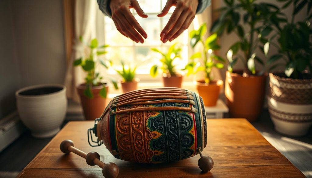 A serene setting focusing on a beautifully crafted tongue drum, featuring intricate carvings and an array of vibrant colors. In the foreground, the drum rests on a natural wooden table, positioned with mallets beside it. In the middle ground, a pair of hands gently hover over the drum, poised and ready to play, depicted in modest casual clothing. The background includes soft, warm lighting illuminating potted plants, creating a cozy ambiance. A window with gentle sunlight filters in, adding warmth to the scene. The angle is slightly above the drum, showcasing the artistry of the instrument, while maintaining a calm and inviting atmosphere that encourages creativity and connection with music.