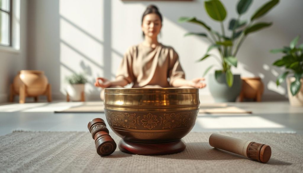 A tranquil indoor meditation space featuring a Tibetan singing bowl at the forefront, placed on a soft, textured mat. The bowl is ornately designed with intricate carvings, reflecting a warm golden hue. Nearby, a pair of meditating hands gently hold a mallet, suggesting an invitation to utilize the bowl. In the middle background, a serene figure sits cross-legged, clad in modest, comfortable clothing, with their eyes closed, embodying calmness and focus. Soft natural light bathes the scene, creating a peaceful atmosphere, with gentle shadows enhancing the depth. Surrounding elements include lush green plants and soft, muted colors in the décor, promoting a sense of relaxation and mindfulness. A tranquil indoor meditation space featuring a Tibetan singing bowl at the forefront, placed on a soft, textured mat. The bowl is ornately designed with intricate carvings, reflecting a warm golden hue. Nearby, a pair of meditating hands gently hold a mallet, suggesting an invitation to utilize the bowl. In the middle background, a serene figure sits cross-legged, clad in modest, comfortable clothing, with their eyes closed, embodying calmness and focus. Soft natural light bathes the scene, creating a peaceful atmosphere, with gentle shadows enhancing the depth. Surrounding elements include lush green plants and soft, muted colors in the décor, promoting a sense of relaxation and mindfulness.